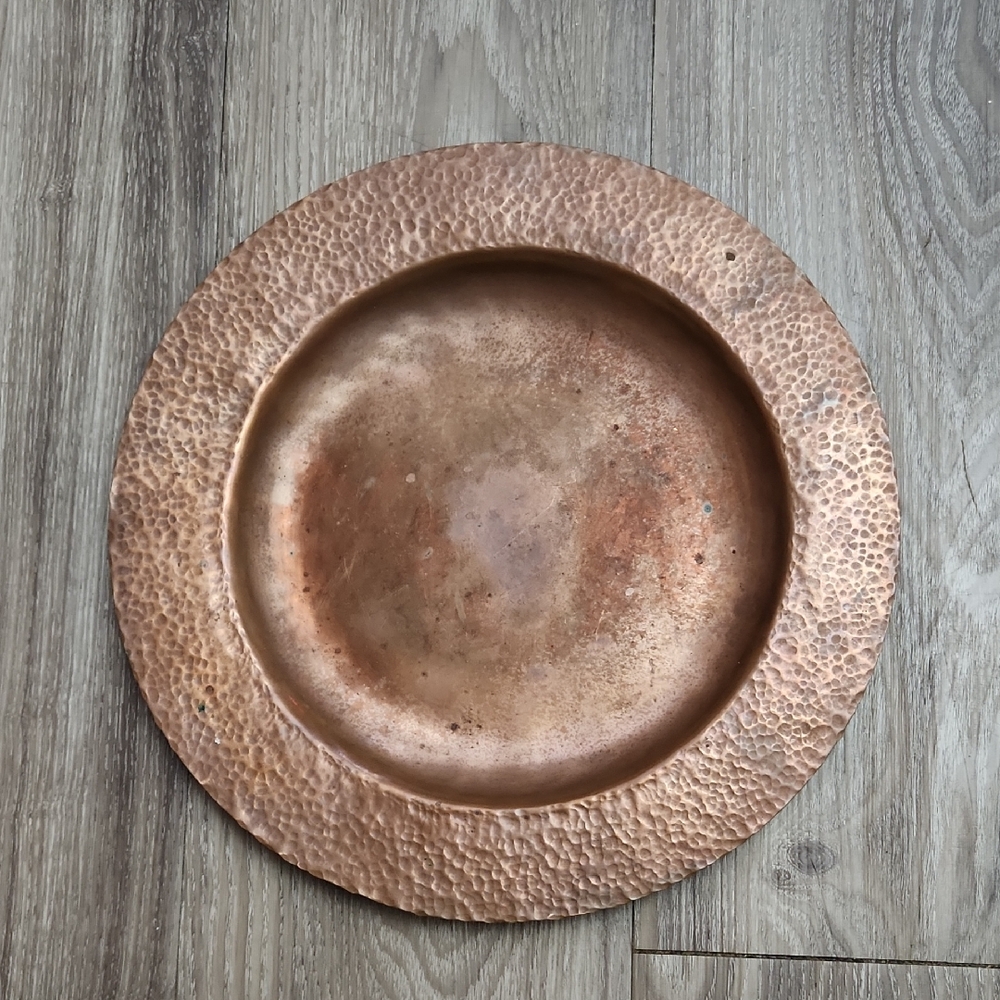 Vintage Hammered Copper Patina Plate Serving Dish Platter Collectible Decor 12"D